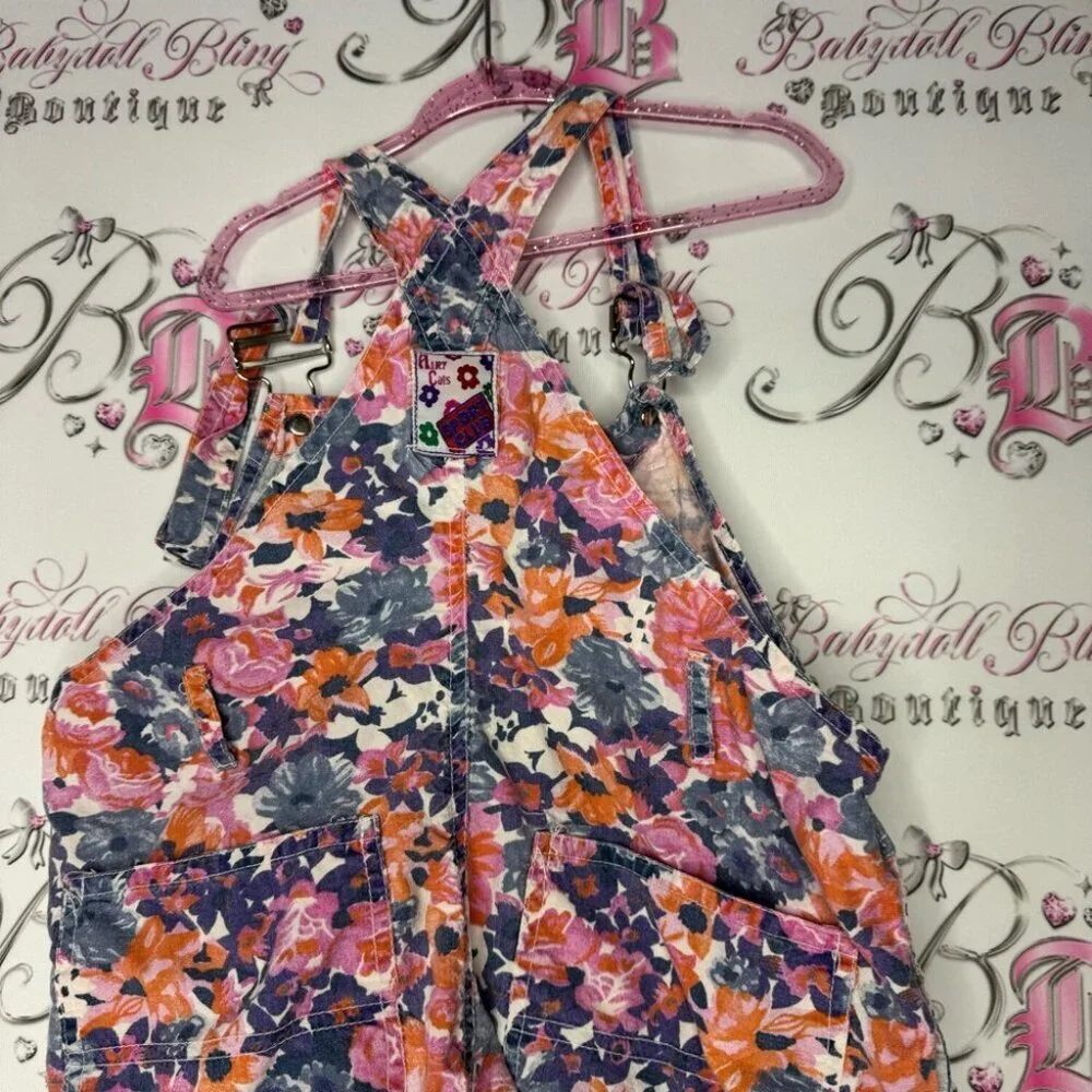Alley cats overalls kids vintage floral flowers 💐 purple orange blue pink white